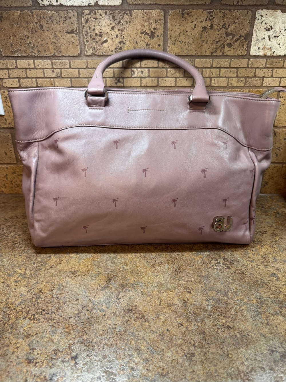 Mauve Palm-Print Leather Tote